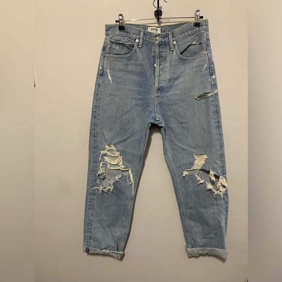 Agolde Blue Distressed Straight Leg Jeans - Picture 10 of 16